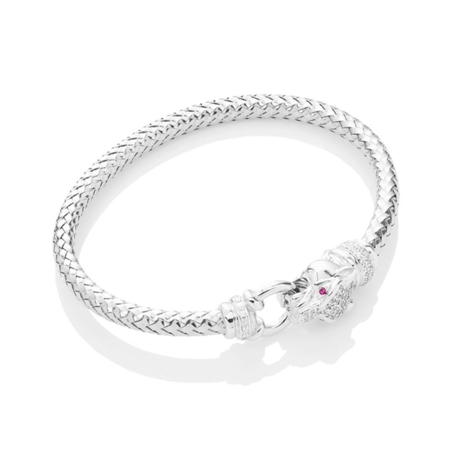 Monaco Bangle Armband I Rhodierat Silver Med Zirkonia & Rubin Stenar Panterhuvud Oppnas Vid Kaken One Size | CHROS Best